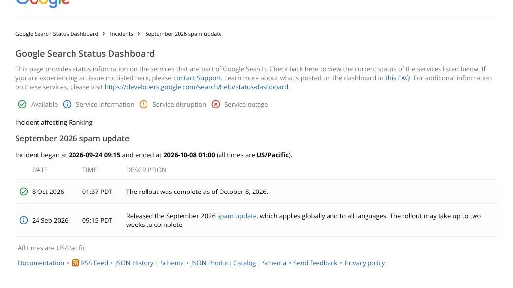 Panel Google Search Status Dashboard z wpisem o September 2026 spam update: start 24 września i zakończenie 8 października 2026