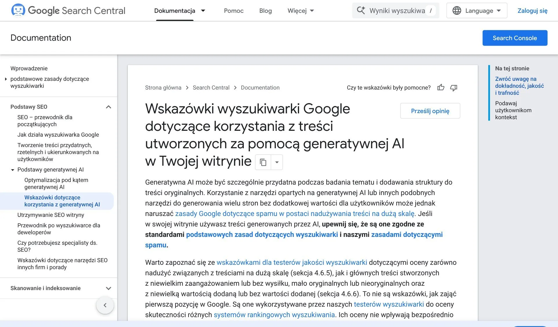 Dokumentacja Google Search Central: wskazówki dotyczące korzystania z treści utworzonych za pomocą generatywnej AI