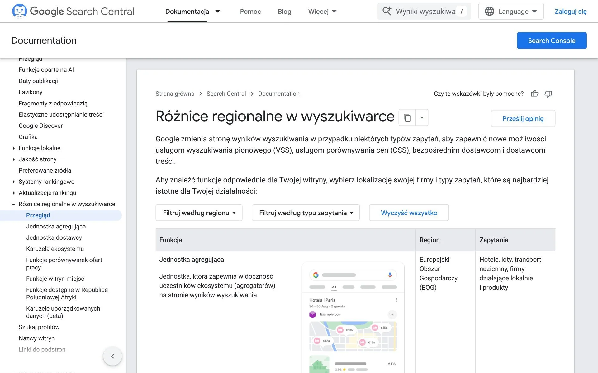 Dokumentacja Google Search Central: różnice regionalne w wyszukiwarce, funkcje dostępne w Europejskim Obszarze Gospodarczym