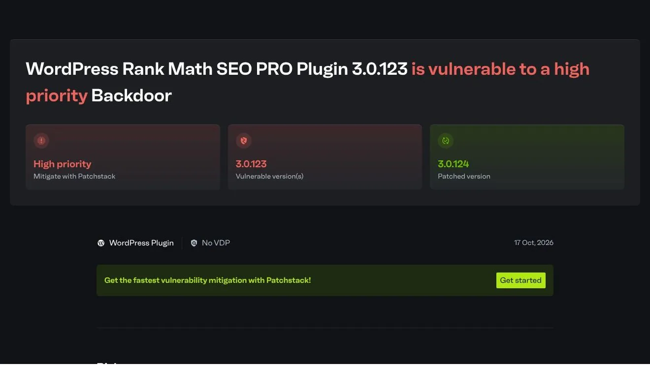 Ostrzeżenie Patchstack o backdoorze we wtyczce Rank Math SEO PRO 3.0.123, poprawiona wersja 3.0.124