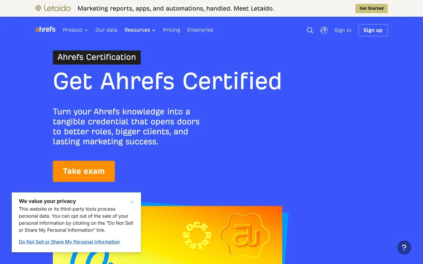 Strona Ahrefs Certification (ahrefs.com), zrzut ekranu z 23 października 2026 r.