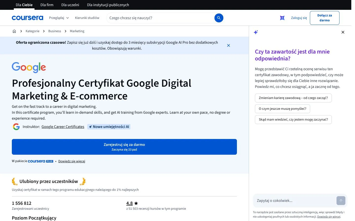 Strona Google Digital Marketing & E-commerce (Coursera) (coursera.org), zrzut ekranu z 23 października 2026 r.