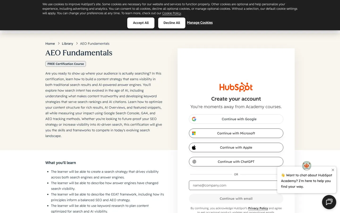 Strona HubSpot Academy: AEO Fundamentals (academy.hubspot.com), zrzut ekranu z 23 października 2026 r.