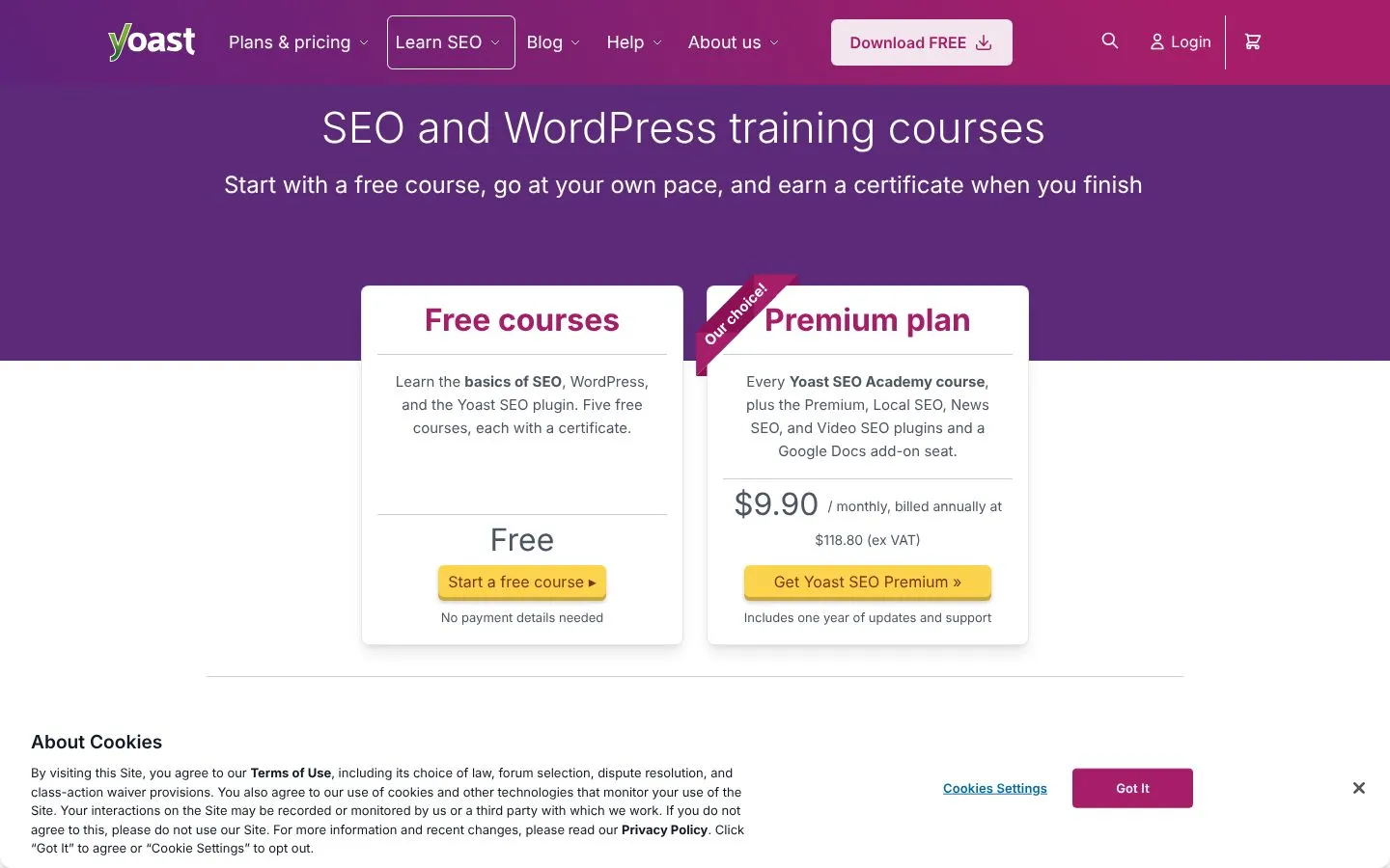 Strona Yoast SEO academy (yoast.com), zrzut ekranu z 23 października 2026 r.