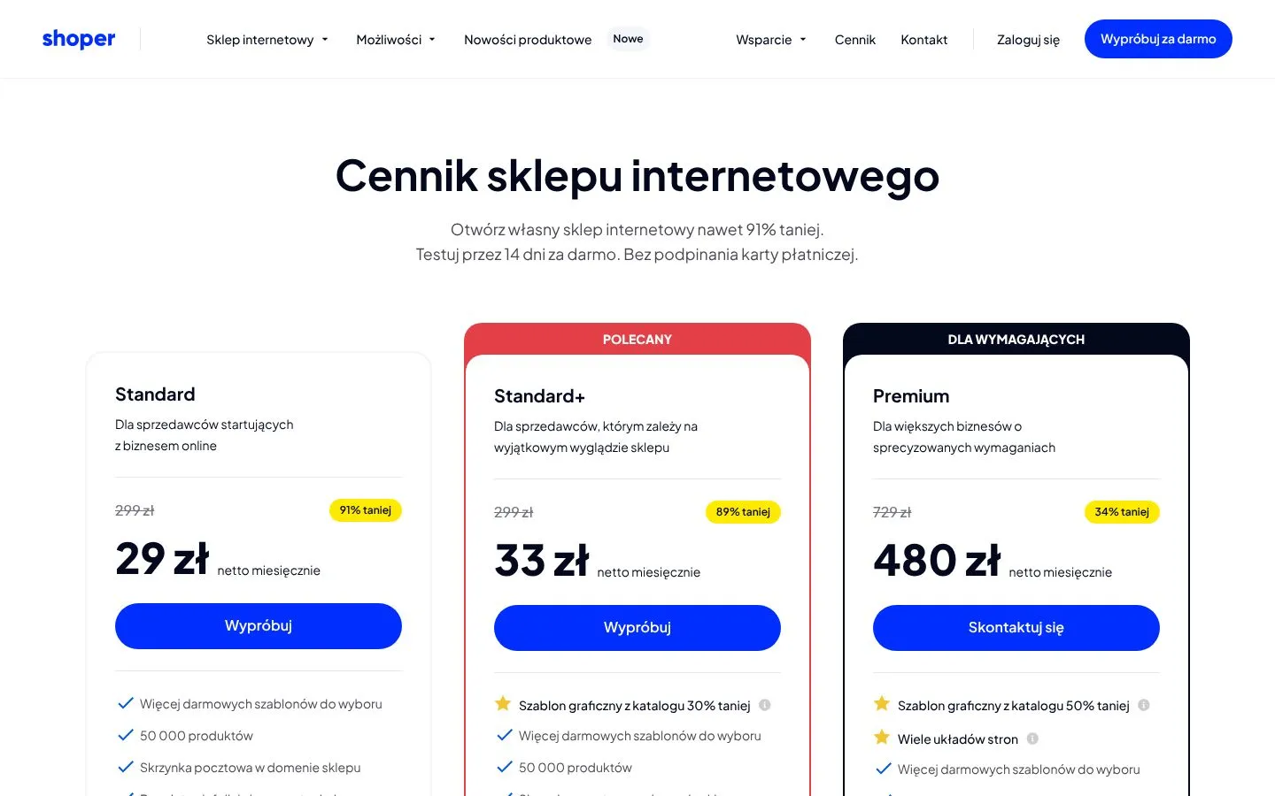 Cennik Shoper (shoper.pl), zrzut ekranu z 23 października 2026 r.