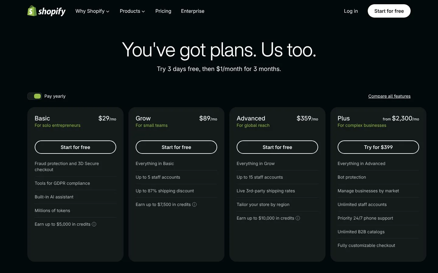 Cennik Shopify (shopify.com), zrzut ekranu z 23 października 2026 r.