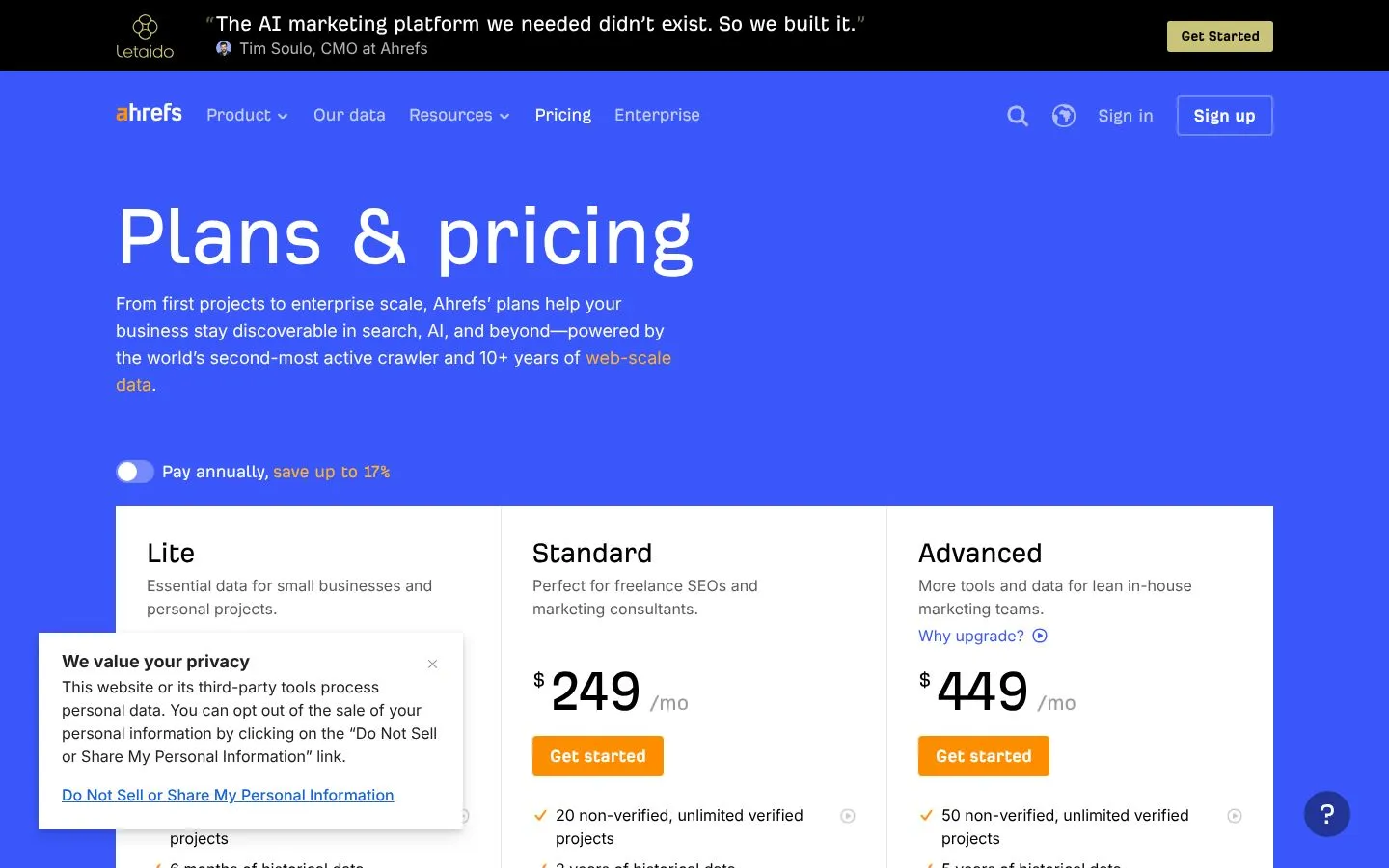 Cennik Ahrefs Site Audit (ahrefs.com), zrzut ekranu z 23 października 2026 r.