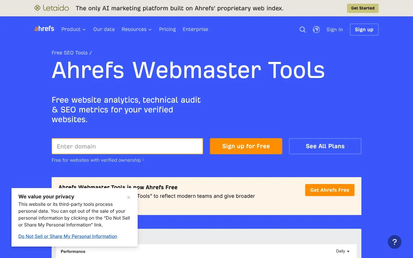 Strona Ahrefs Webmaster Tools (ahrefs.com), zrzut ekranu z 23 października 2026 r.