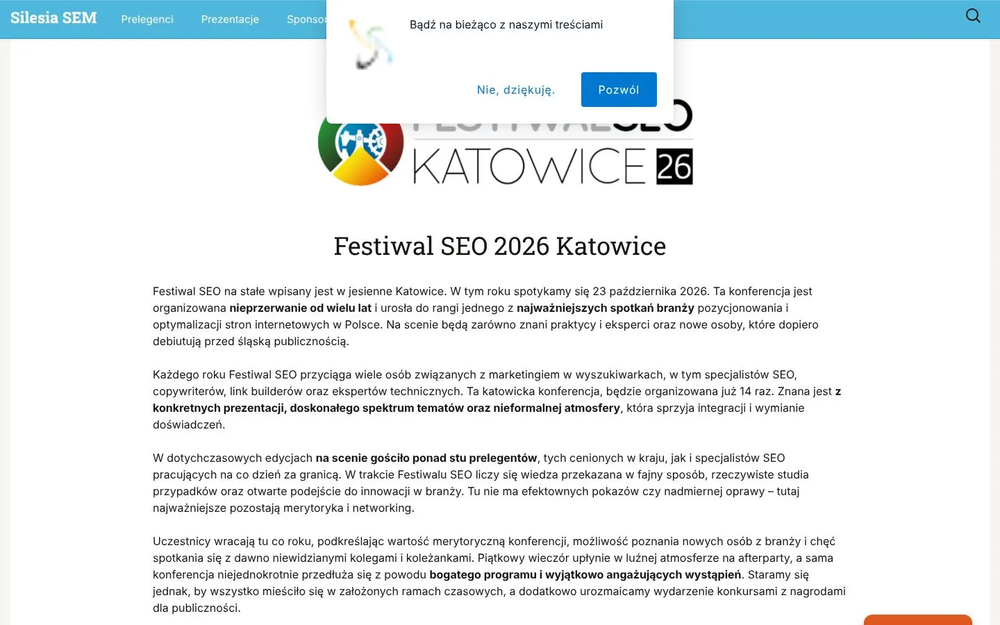 Strona Listy prelegentów konferencji SEO (silesiasem.pl), zrzut ekranu z 23 października 2026 r.