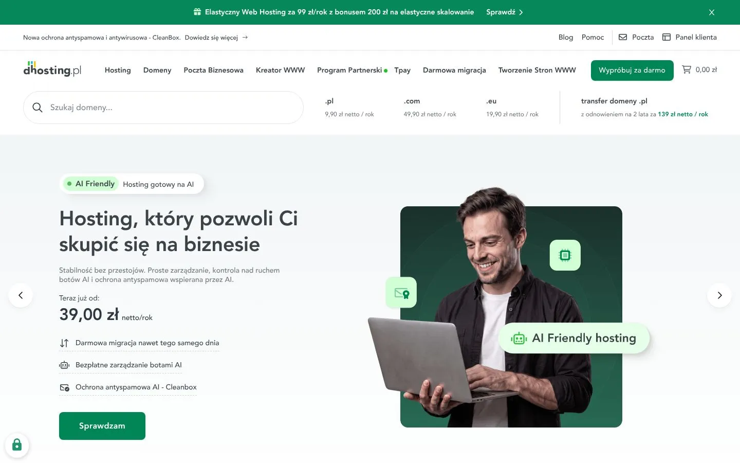Strona dhosting (dhosting.pl), zrzut ekranu z 23 października 2026 r.