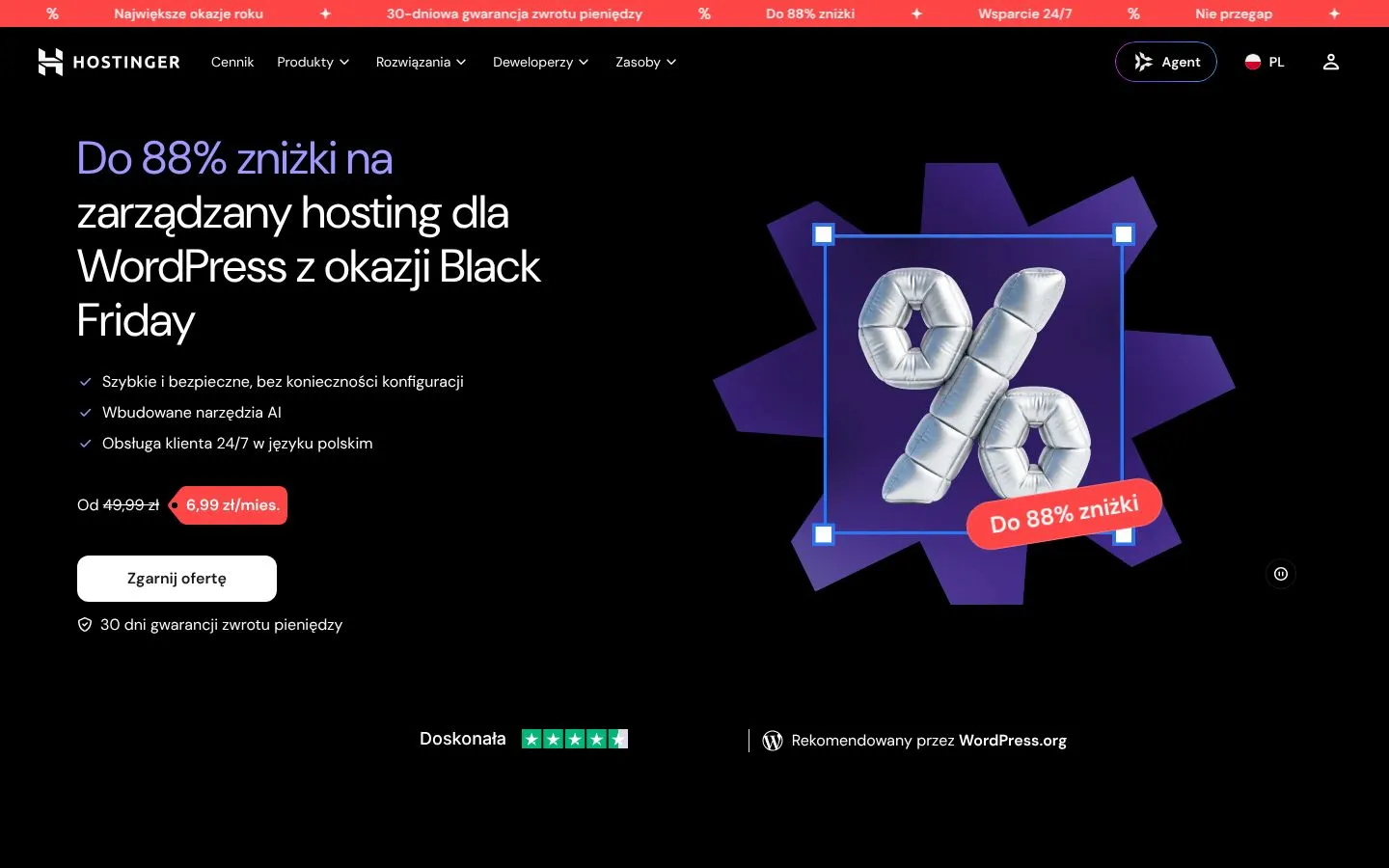 Strona Hostinger (hostinger.com), zrzut ekranu z 23 października 2026 r.