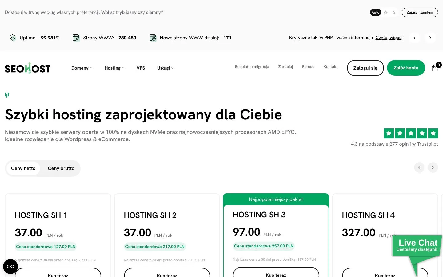 Strona SEOHOST (seohost.pl), zrzut ekranu z 23 października 2026 r.