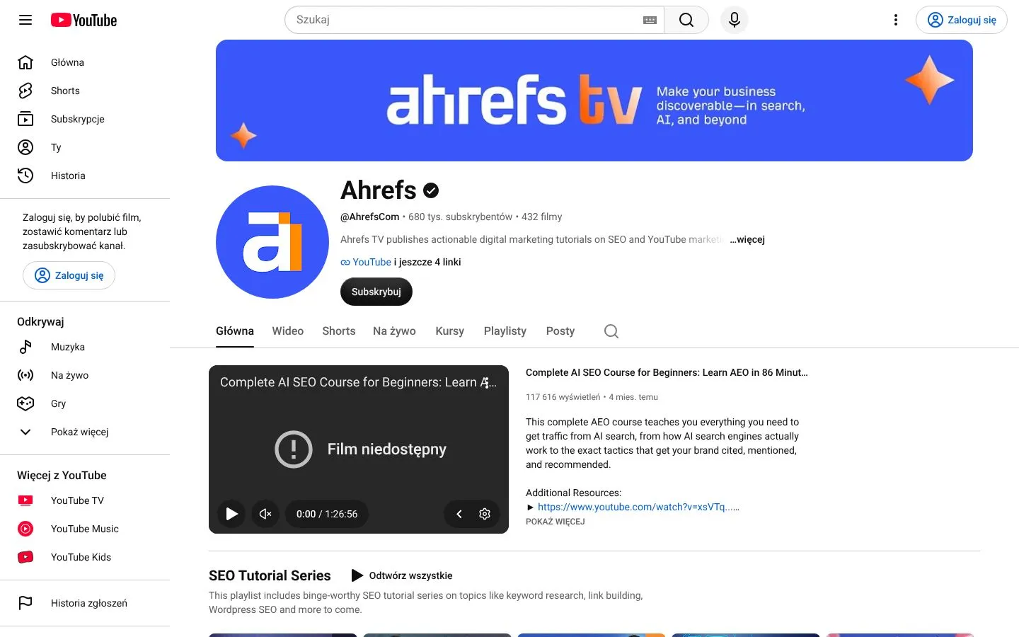 Strona Ahrefs (youtube.com), zrzut ekranu z 23 października 2026 r.