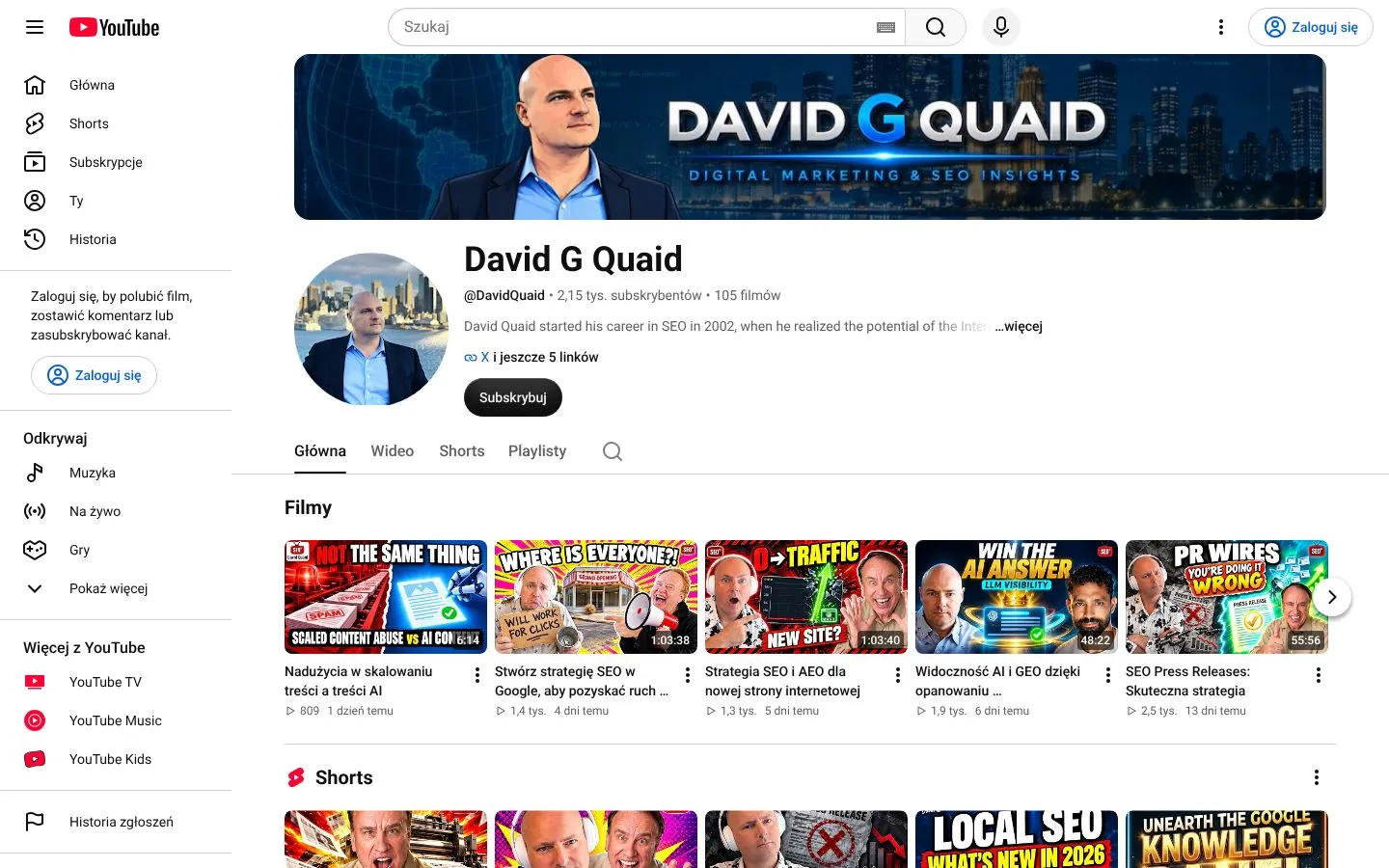 Strona David Quaid (youtube.com), zrzut ekranu z 23 października 2026 r.