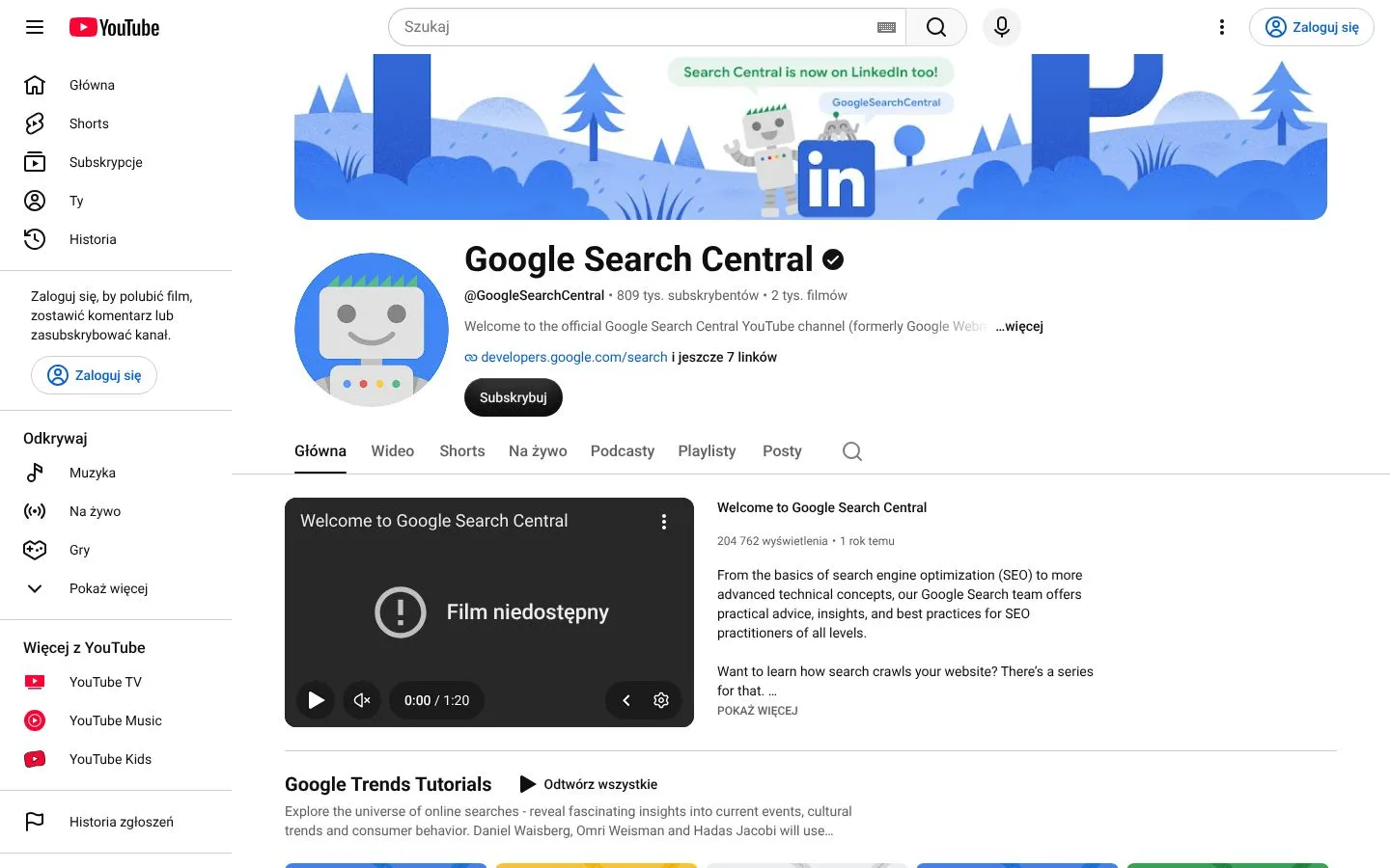 Strona Google Search Central (youtube.com), zrzut ekranu z 23 października 2026 r.