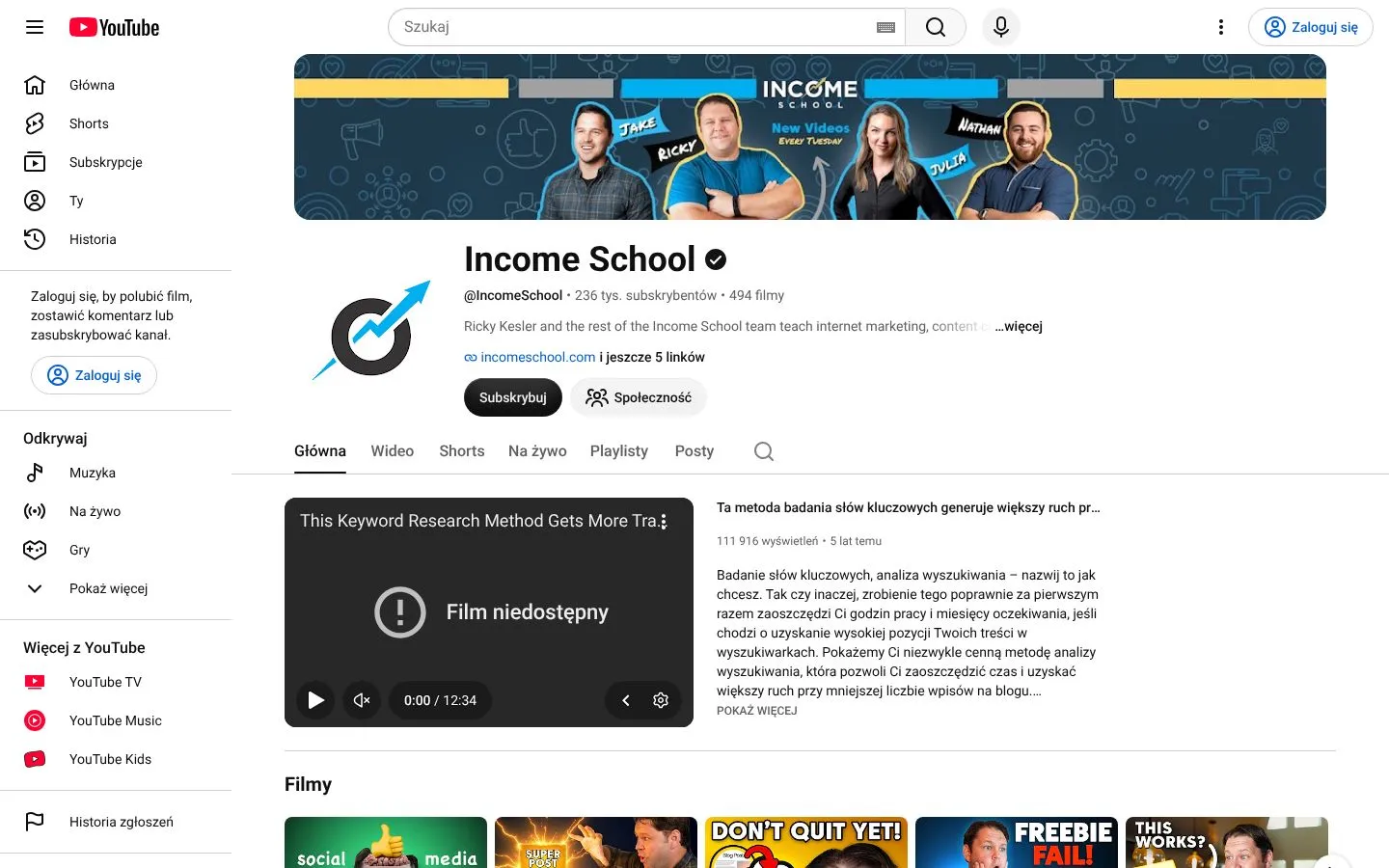 Strona Income School (youtube.com), zrzut ekranu z 23 października 2026 r.