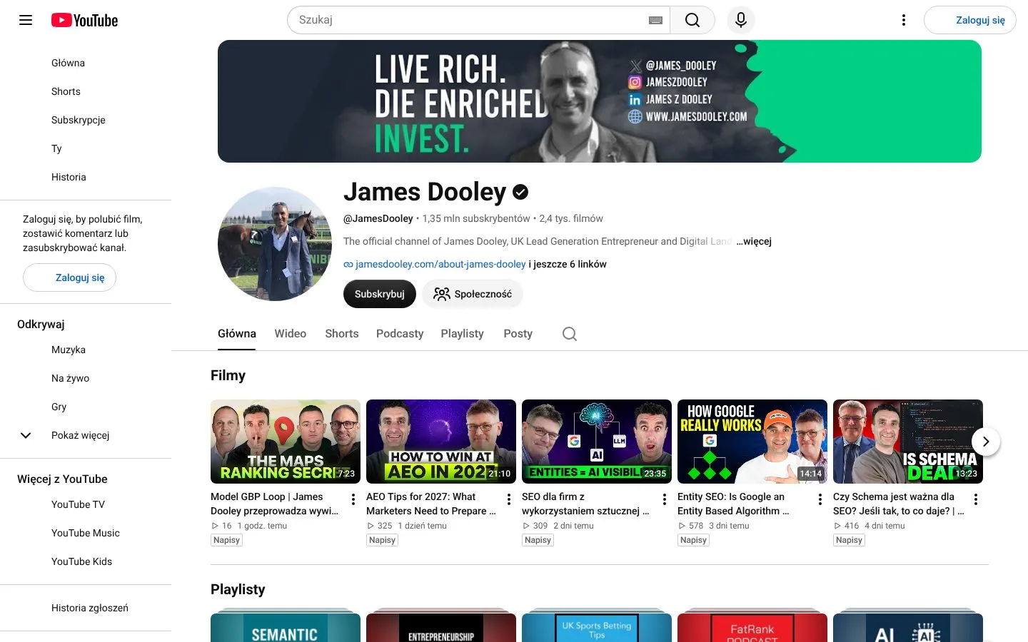 Strona James Dooley (youtube.com), zrzut ekranu z 23 października 2026 r.