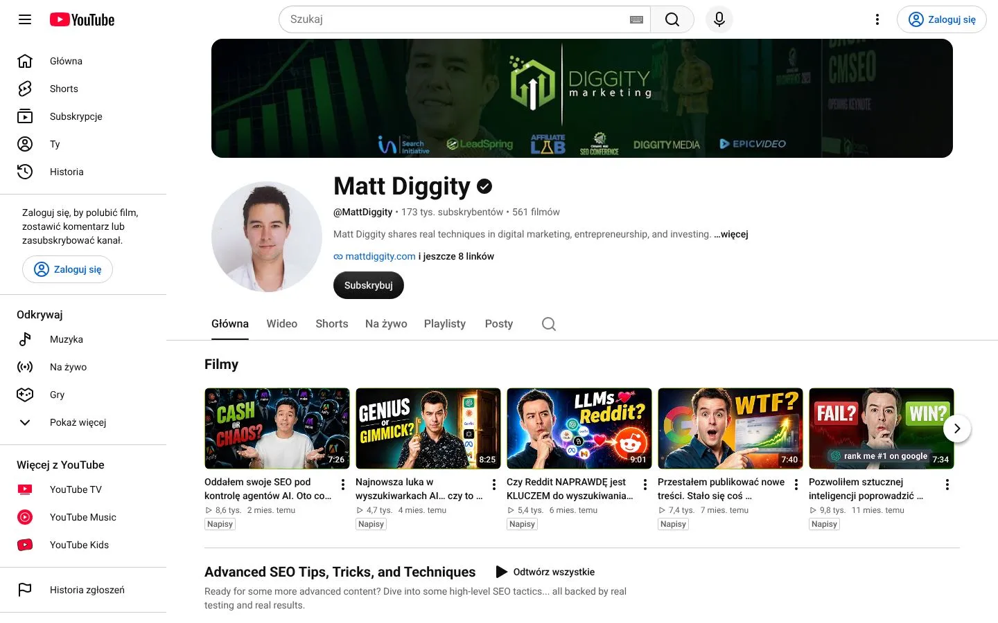 Strona Matt Diggity (youtube.com), zrzut ekranu z 23 października 2026 r.