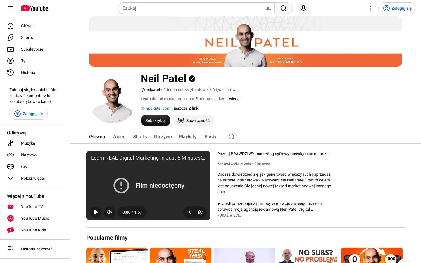 Strona Neil Patel (youtube.com), zrzut ekranu z 23 października 2026 r.