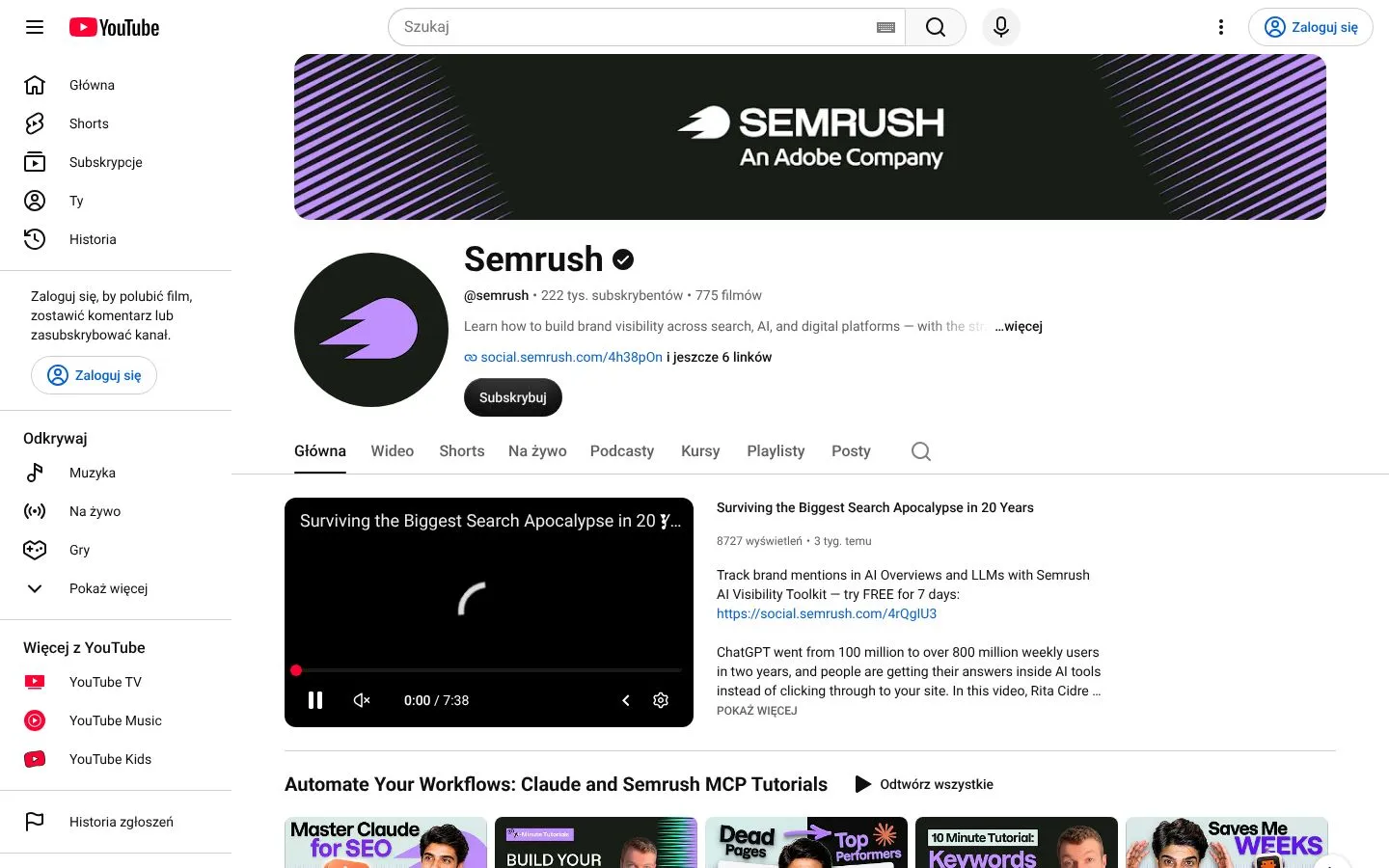 Strona Semrush (youtube.com), zrzut ekranu z 23 października 2026 r.