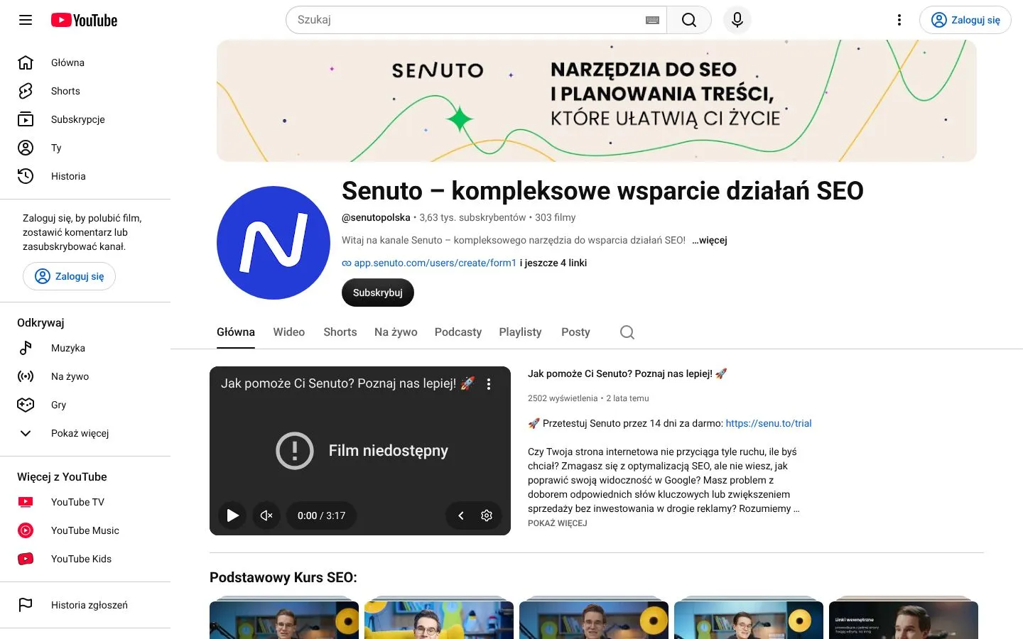 Strona Senuto (youtube.com), zrzut ekranu z 23 października 2026 r.