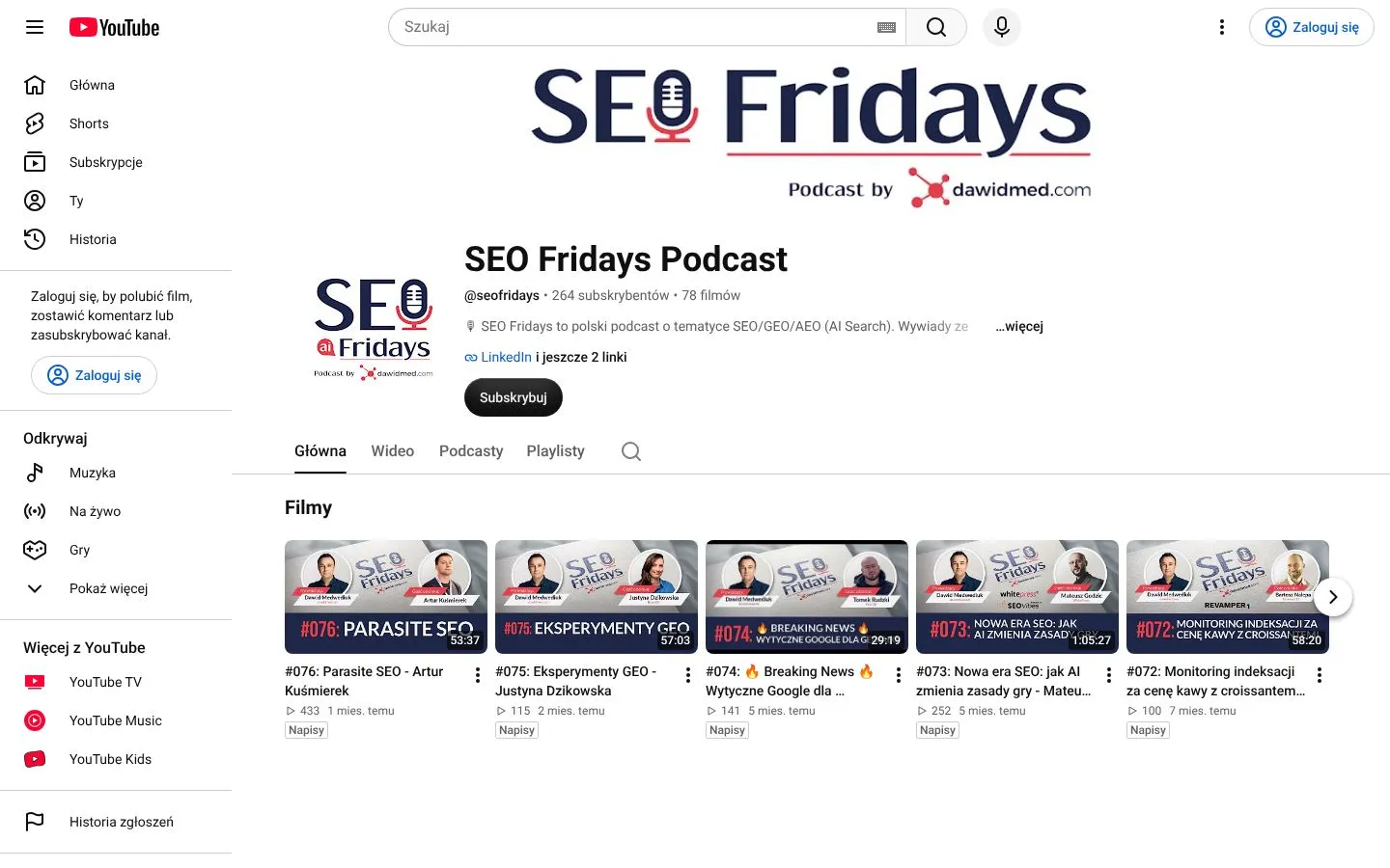 Strona SEO Fridays Podcast (youtube.com), zrzut ekranu z 23 października 2026 r.