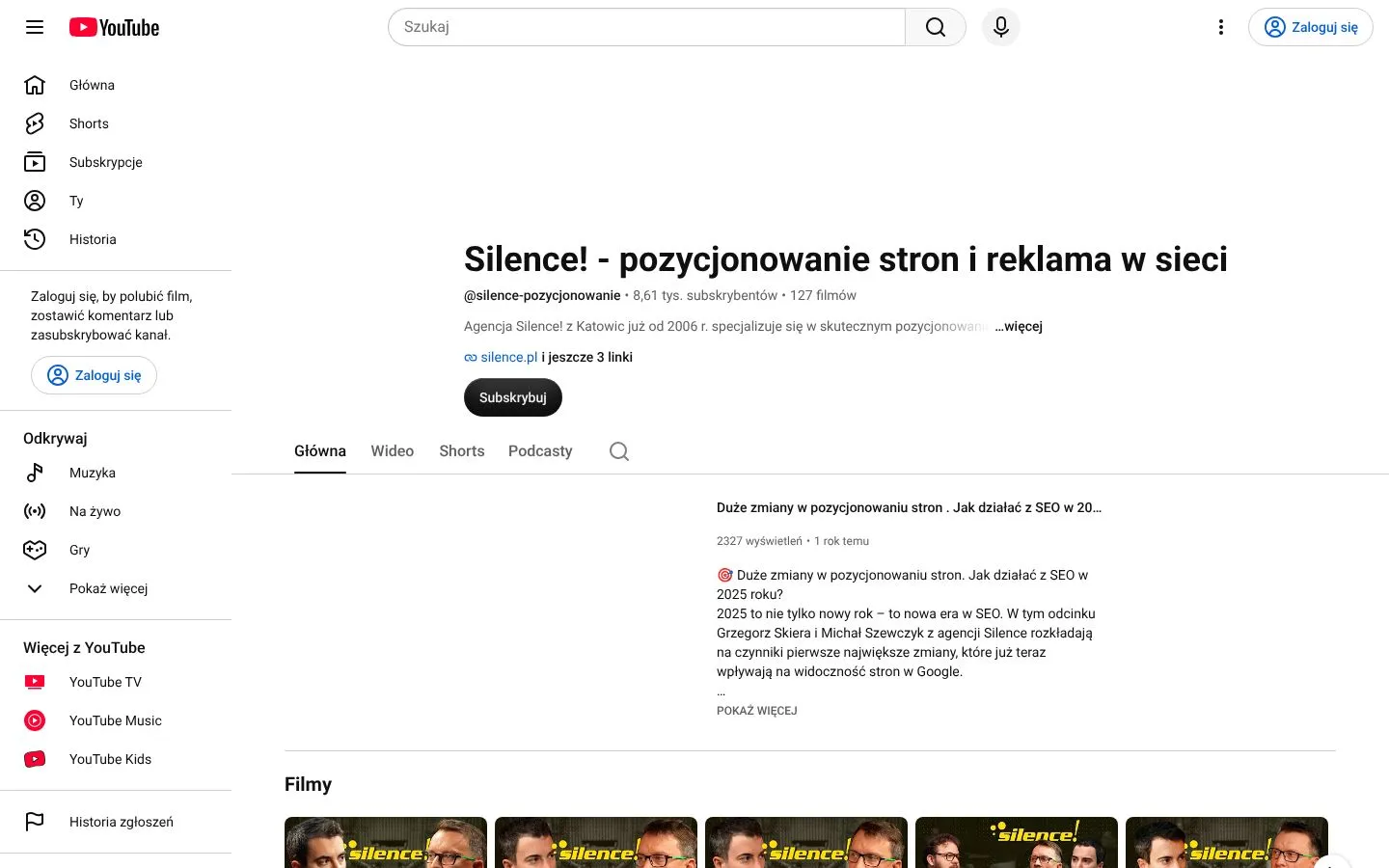 Strona Silence! (youtube.com), zrzut ekranu z 23 października 2026 r.