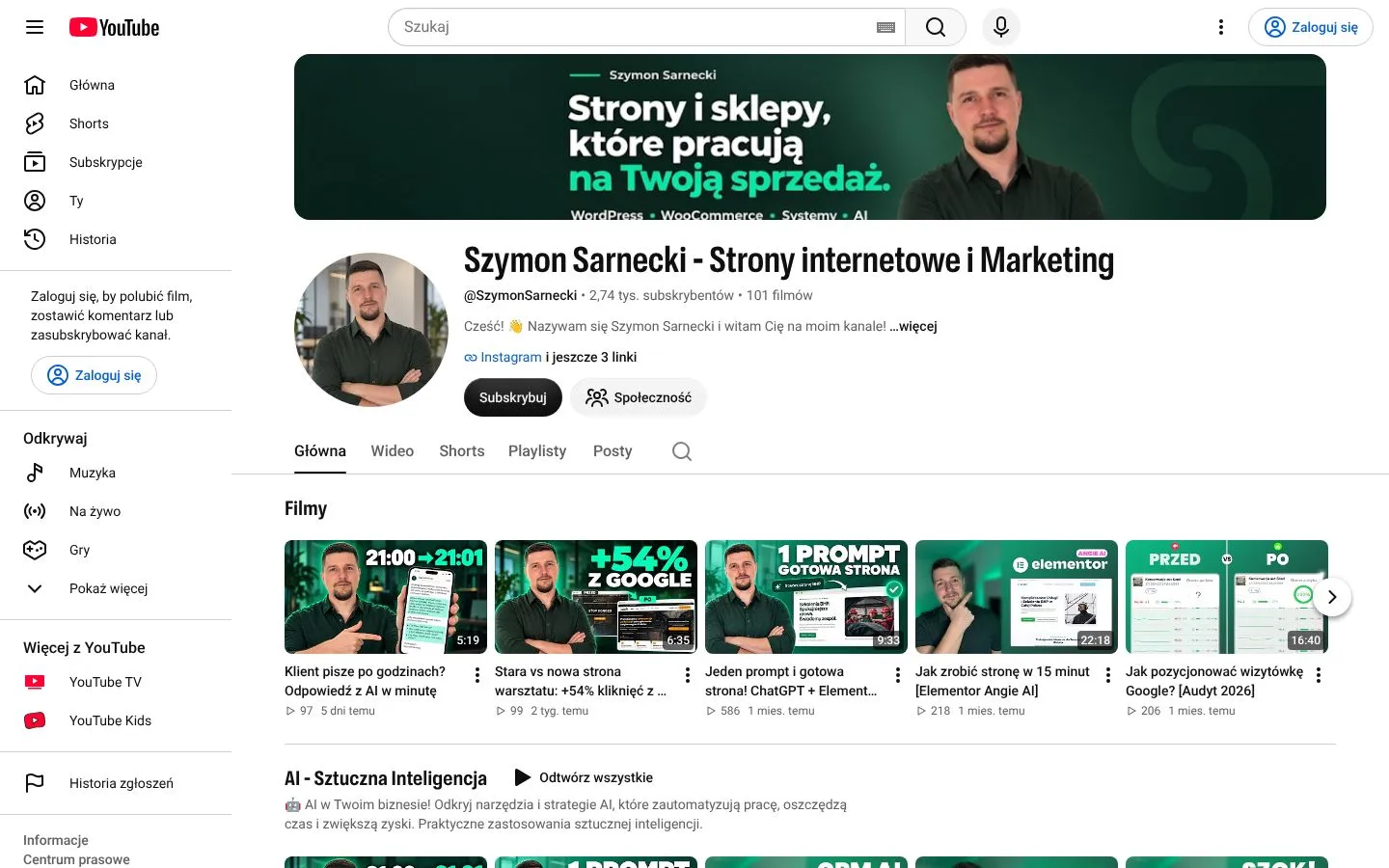 Strona Szymon Sarnecki (youtube.com), zrzut ekranu z 23 października 2026 r.