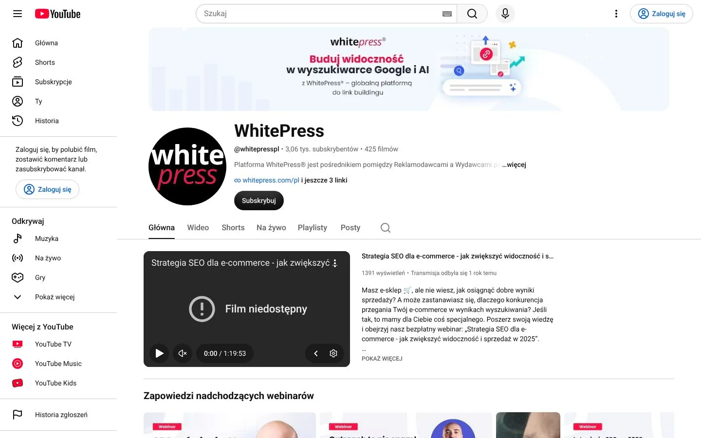 Strona WhitePress (youtube.com), zrzut ekranu z 23 października 2026 r.