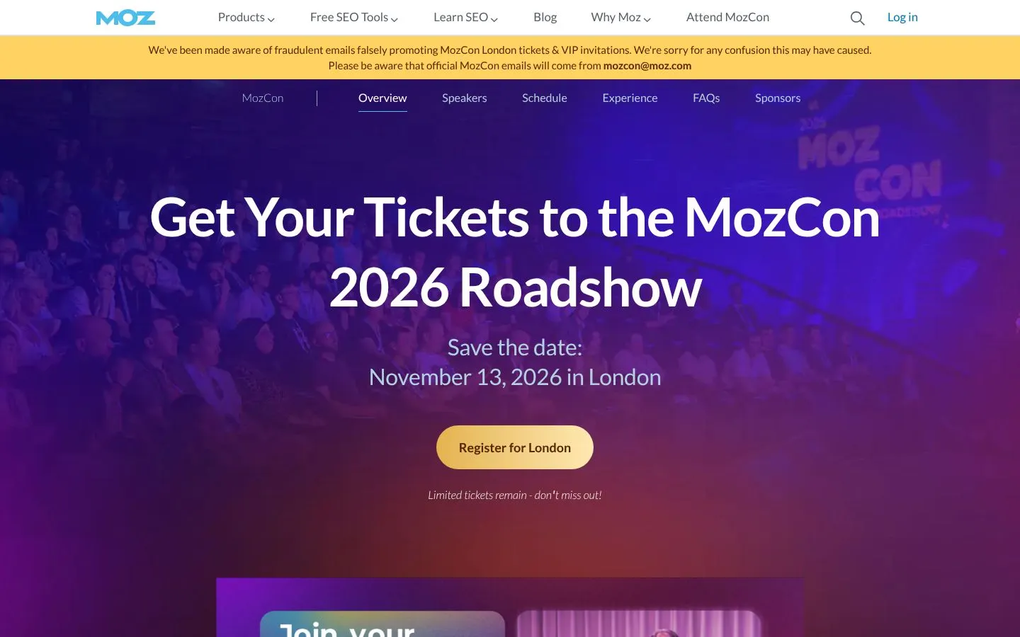 Strona MozCon London (moz.com), zrzut ekranu z 23 października 2026 r.
