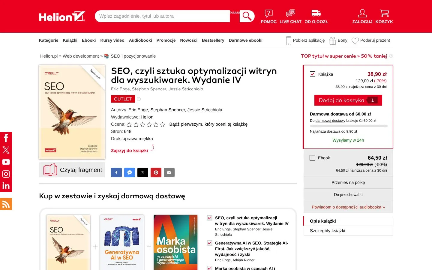Strona SEO, czyli sztuka optymalizacji witryn dla wyszukiwarek. Wydanie IV (helion.pl), zrzut ekranu z 23 października 2026 r.