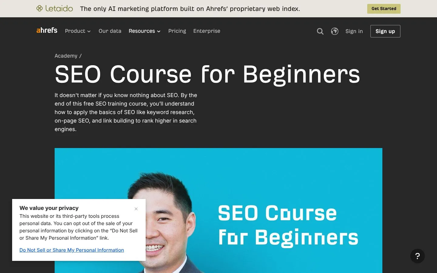 Strona Ahrefs: SEO Course for Beginners (ahrefs.com), zrzut ekranu z 23 października 2026 r.