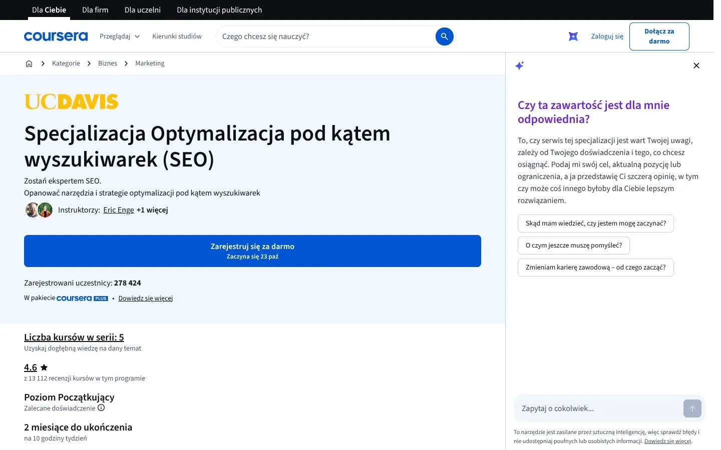 Strona Coursera: SEO Specialization (UC Davis) (coursera.org), zrzut ekranu z 23 października 2026 r.