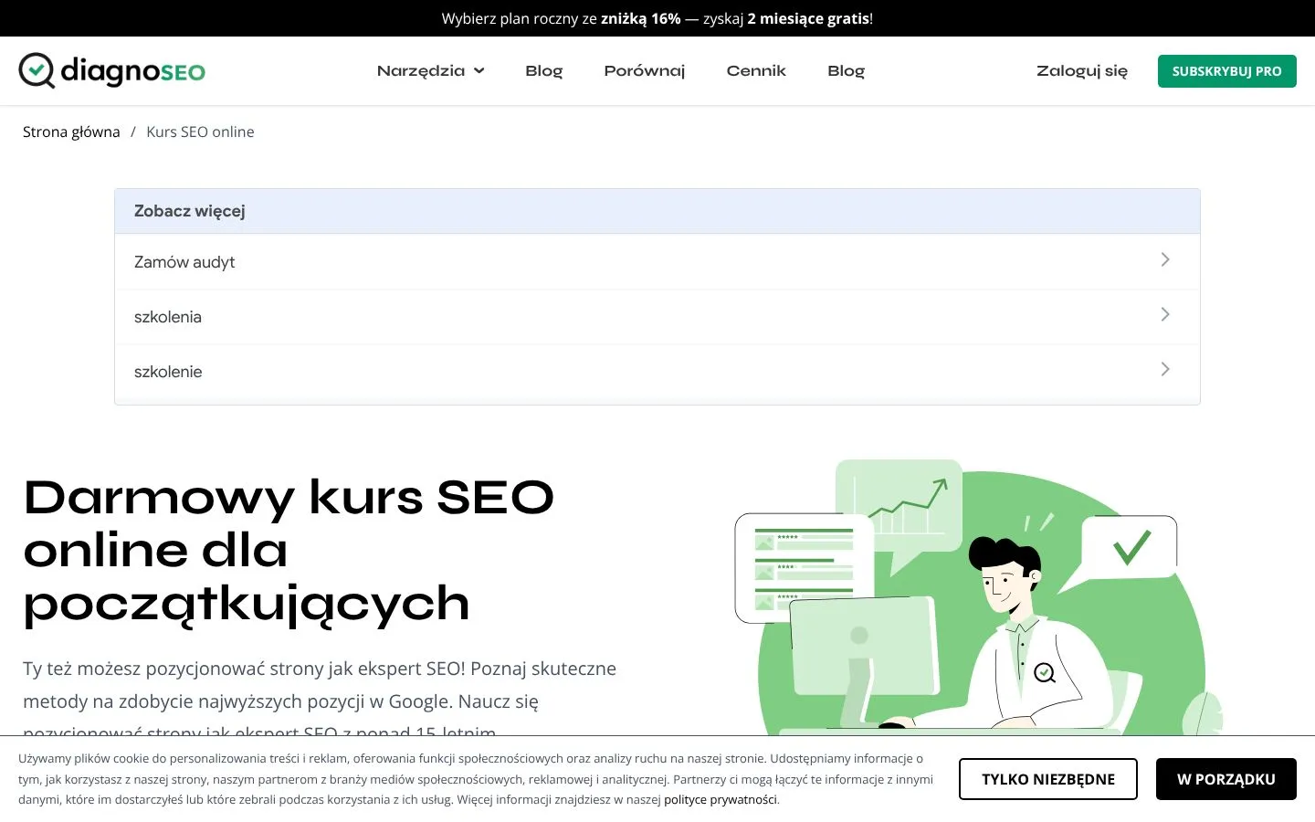 Strona DiagnoSEO: darmowy kurs SEO (diagnoseo.com), zrzut ekranu z 23 października 2026 r.