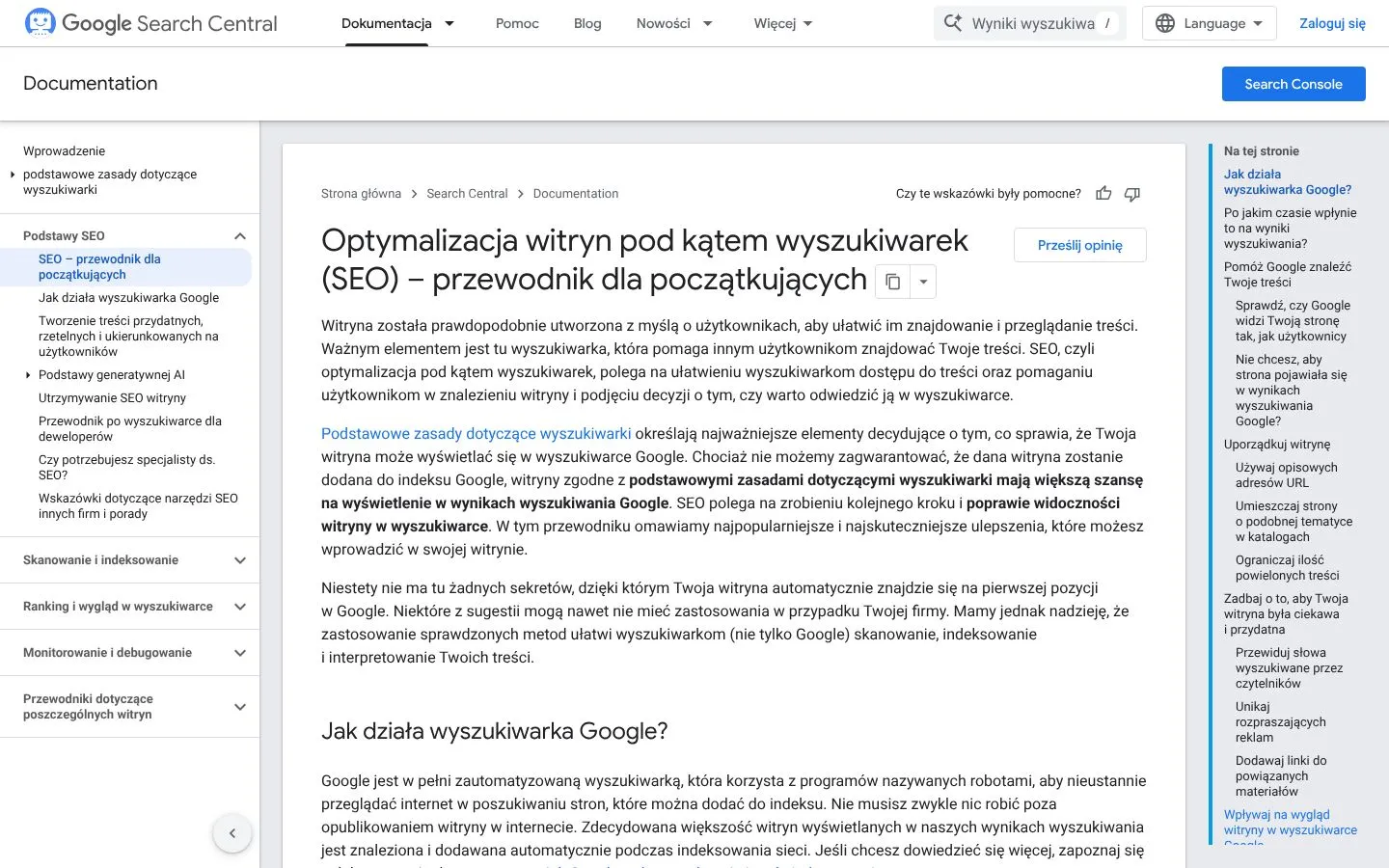 Strona Google: SEO, przewodnik dla początkujących (developers.google.com), zrzut ekranu z 23 października 2026 r.