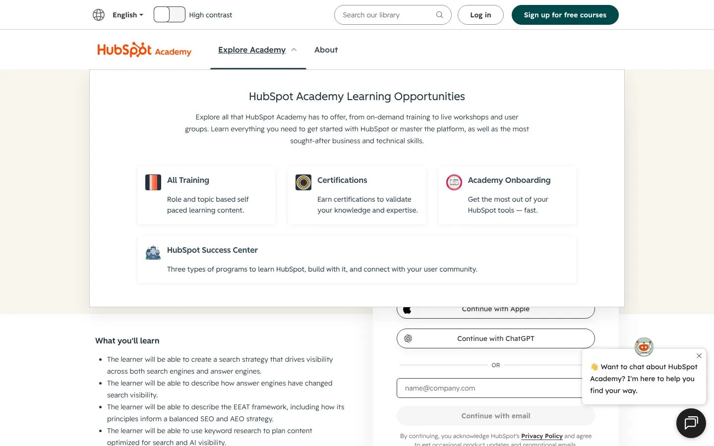 Strona HubSpot Academy: AEO Fundamentals (academy.hubspot.com), zrzut ekranu z 23 października 2026 r.