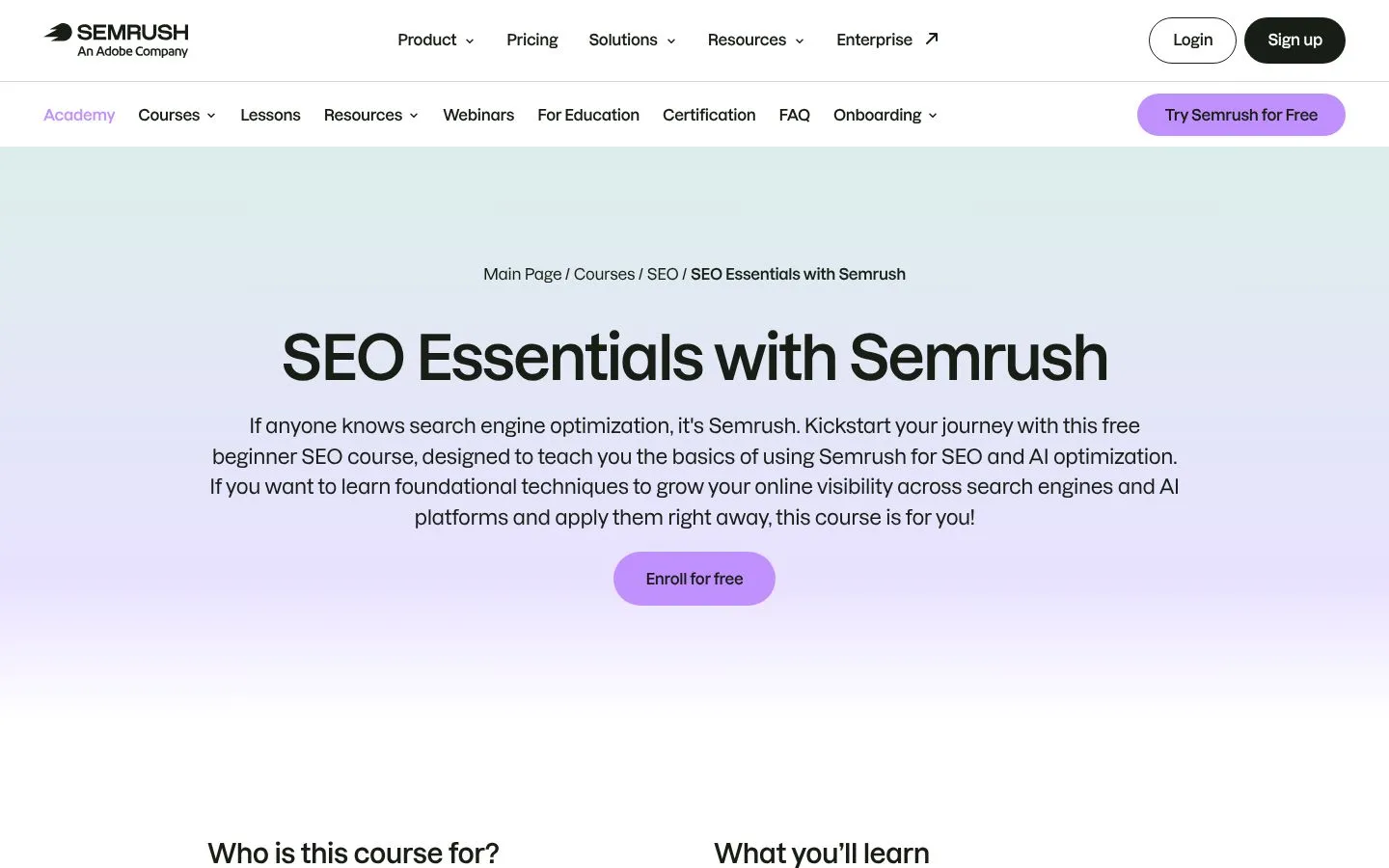 Strona Semrush Academy: SEO Essentials (semrush.com), zrzut ekranu z 23 października 2026 r.