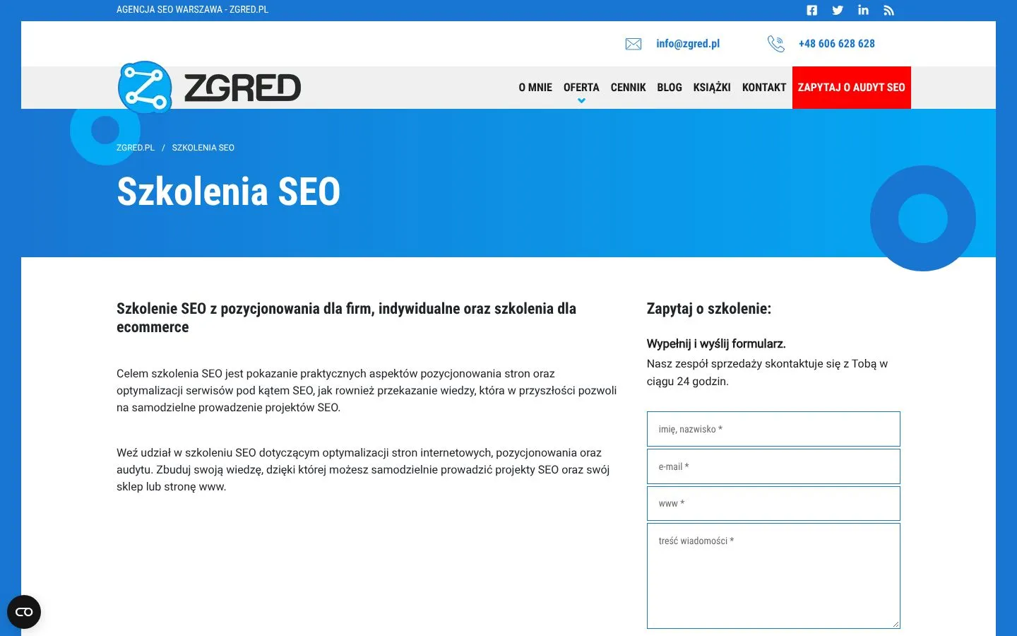 Strona Zgred.pl: szkolenie SEO na żywo (Paweł Gontarek) (zgred.pl), zrzut ekranu z 23 października 2026 r.