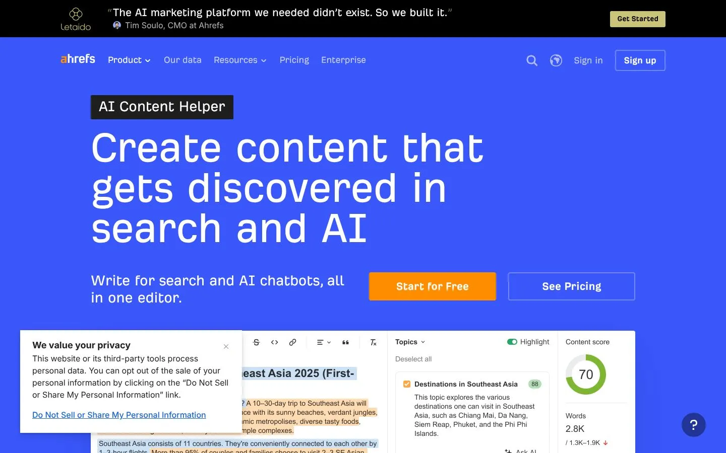 Strona Ahrefs AI Content Helper (ahrefs.com), zrzut ekranu z 23 października 2026 r.