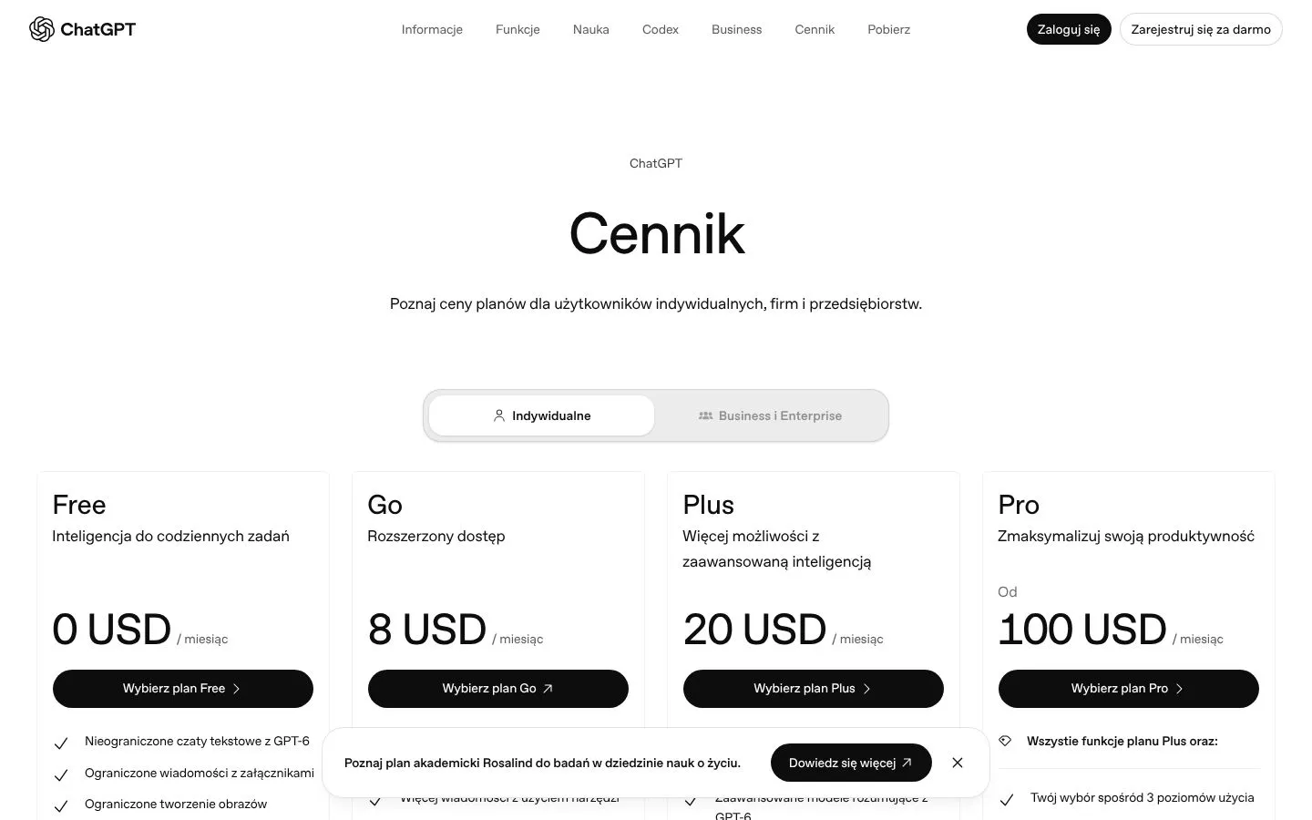 Cennik ChatGPT Free (chatgpt.com), zrzut ekranu z 23 października 2026 r.