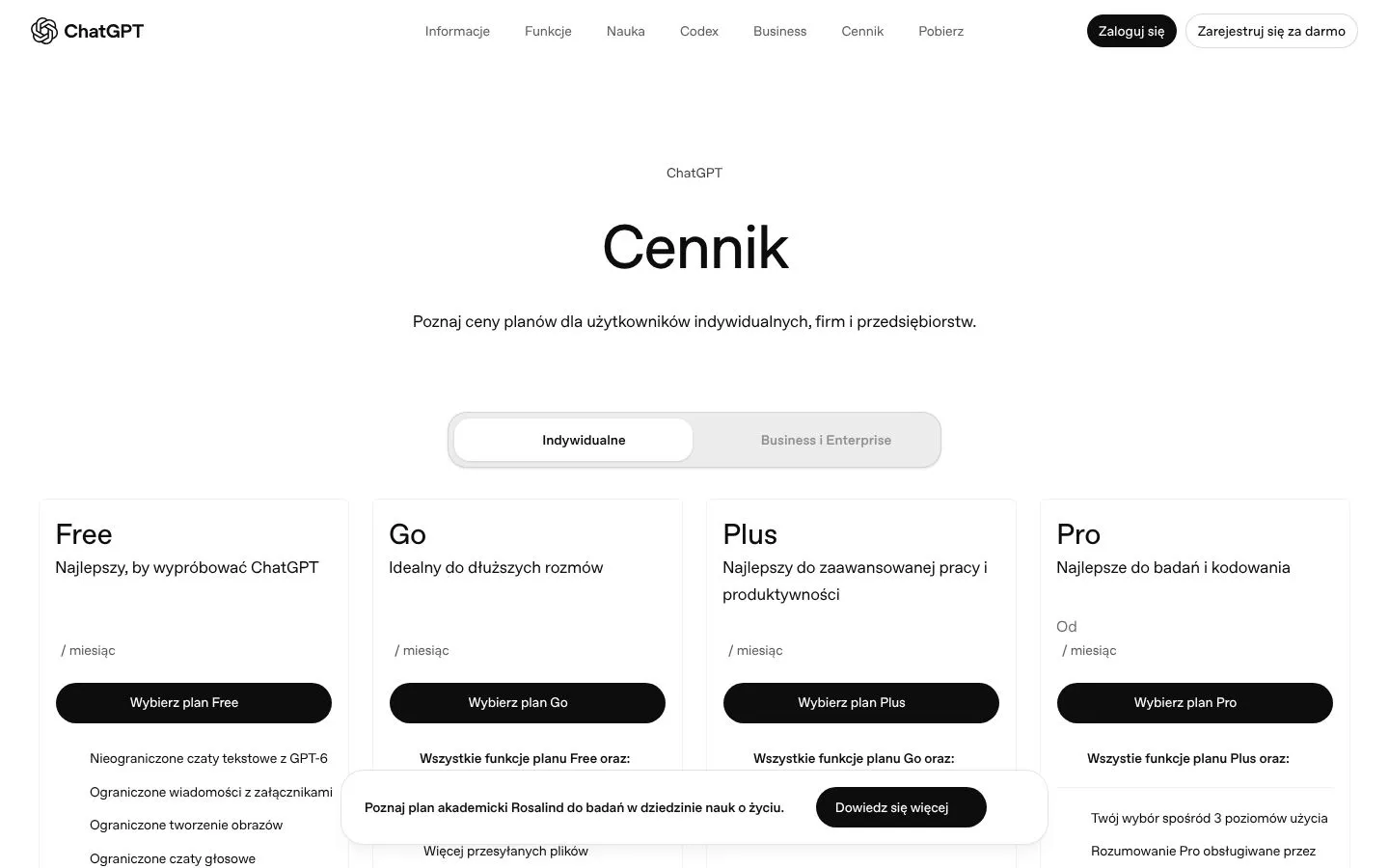 Cennik ChatGPT (chatgpt.com), zrzut ekranu z 23 października 2026 r.