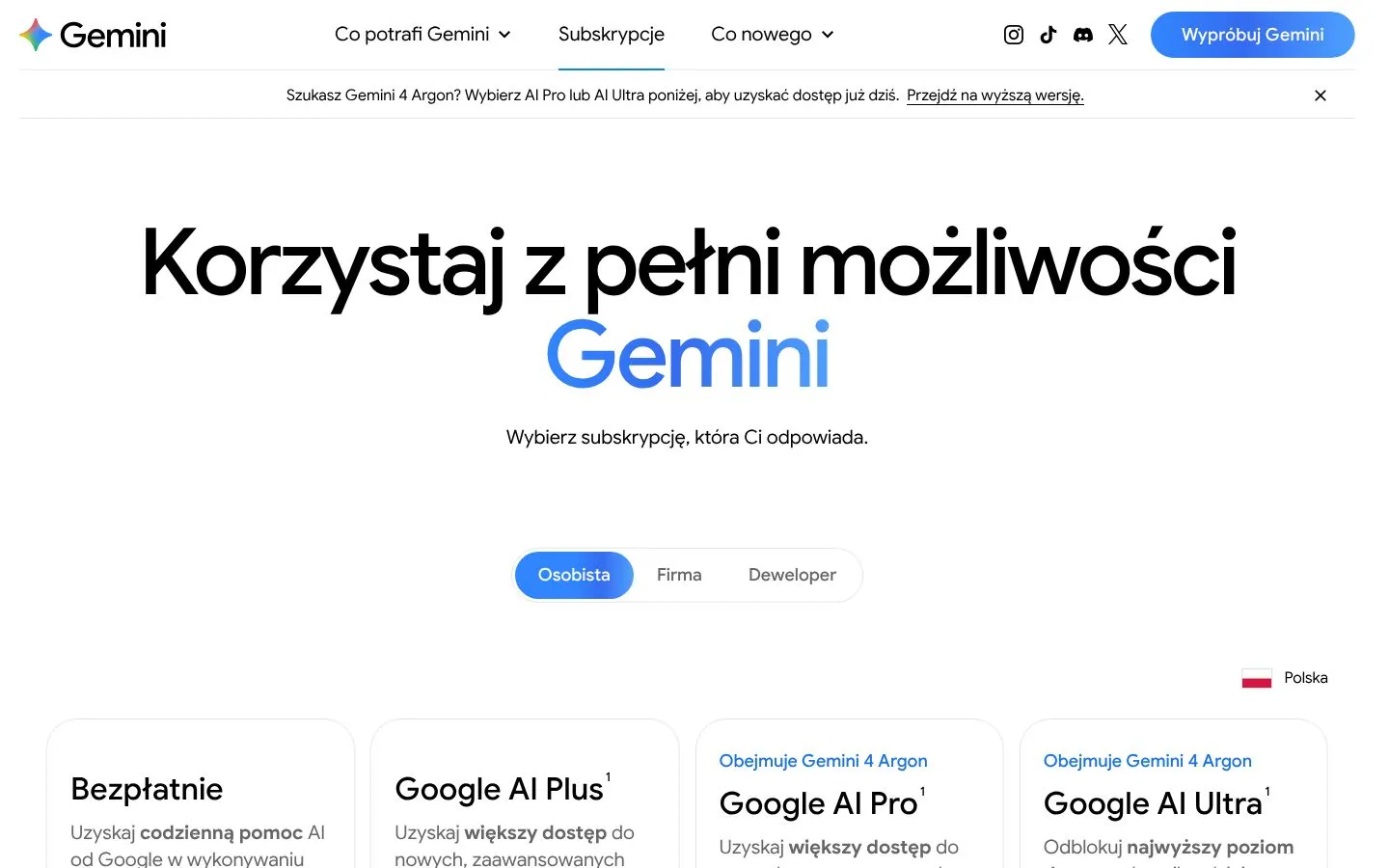 Cennik Gemini (gemini.google), zrzut ekranu z 23 października 2026 r.