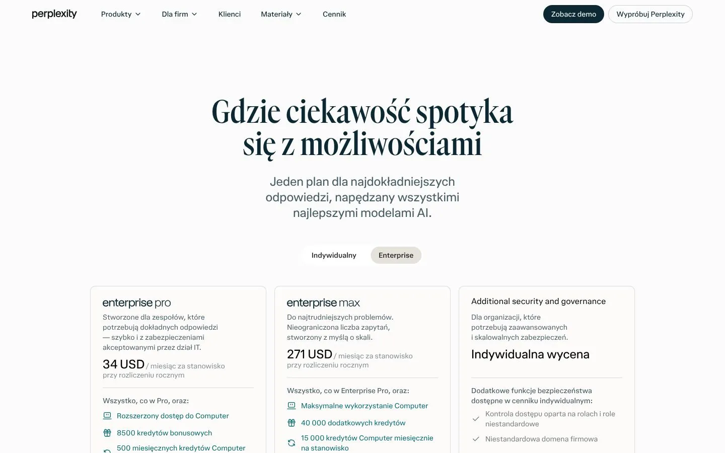 Cennik Perplexity (perplexity.ai), zrzut ekranu z 23 października 2026 r.