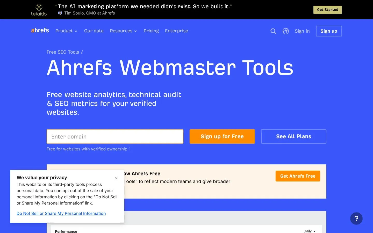 Strona Ahrefs Webmaster Tools (ahrefs.com), zrzut ekranu z 23 października 2026 r.