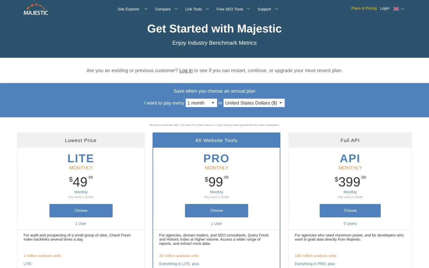 Cennik Majestic (majestic.com), zrzut ekranu z 23 października 2026 r.