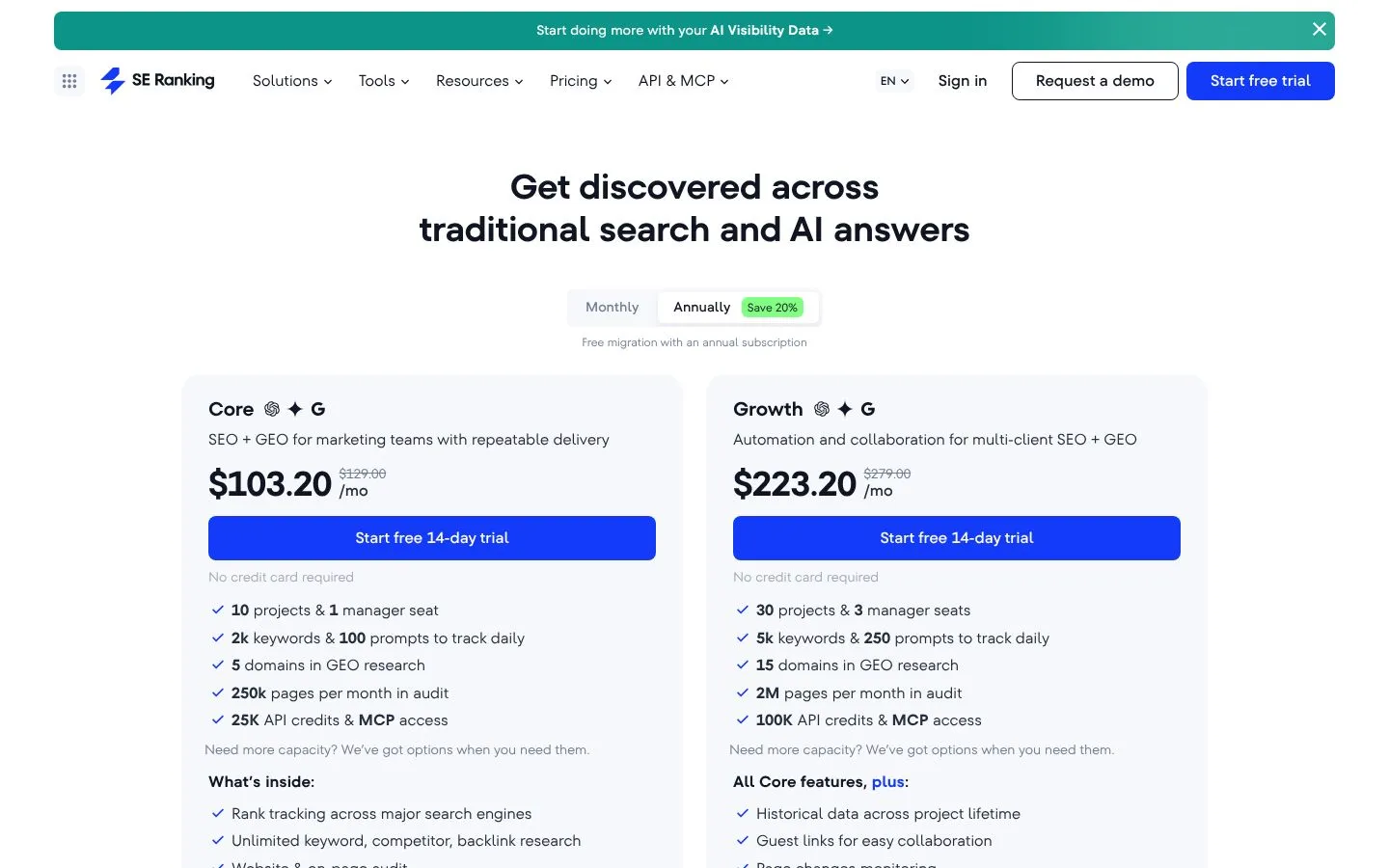 Cennik SE Ranking Backlink Checker (seranking.com), zrzut ekranu z 23 października 2026 r.