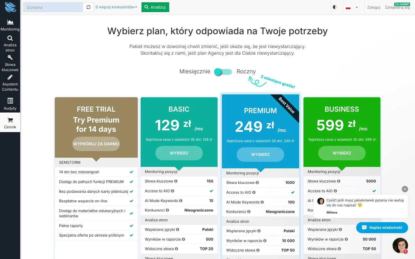 Cennik Semstorm (semstorm.com), zrzut ekranu z 23 października 2026 r.