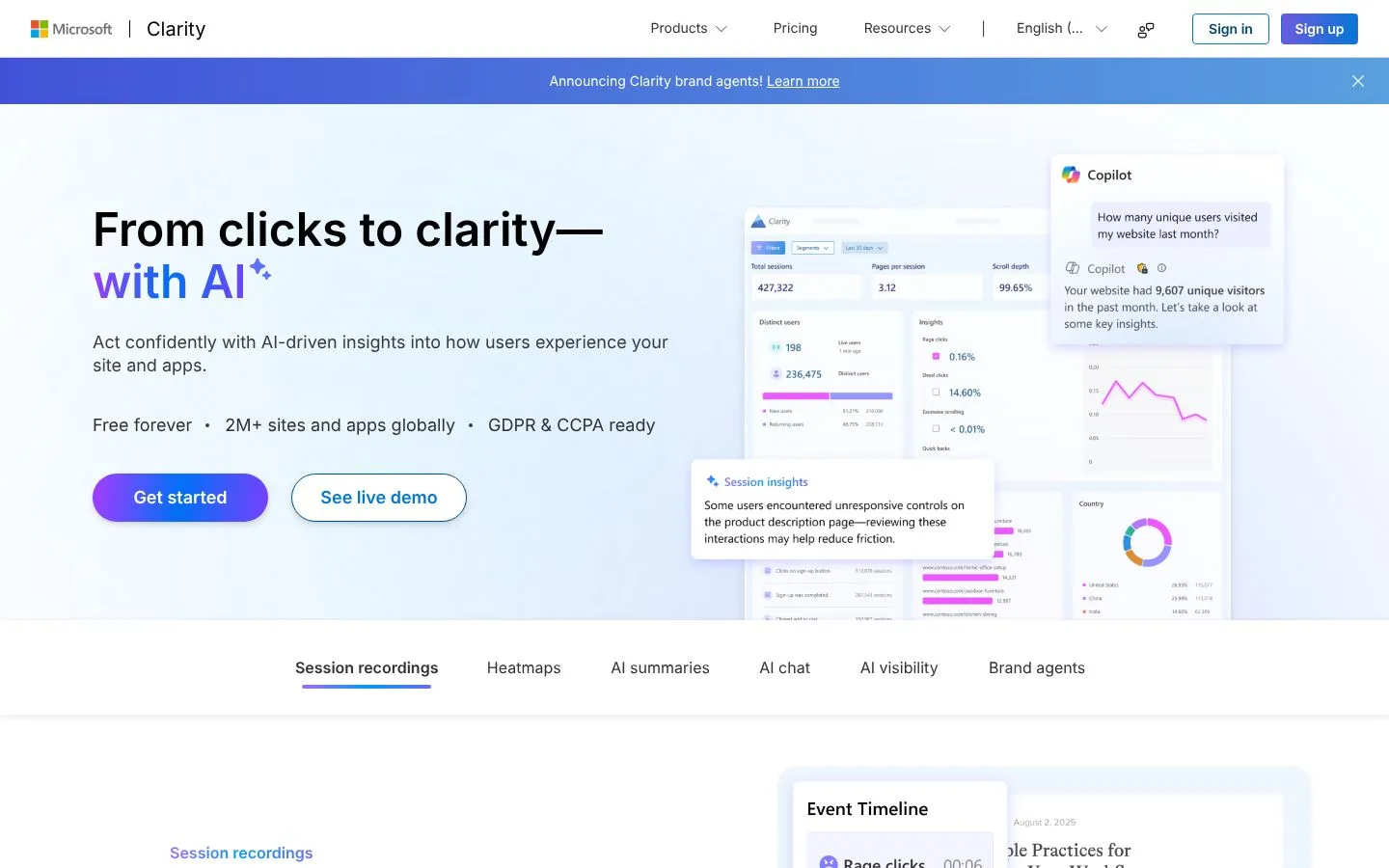 Strona Microsoft Clarity (clarity.microsoft.com), zrzut ekranu z 23 października 2026 r.
