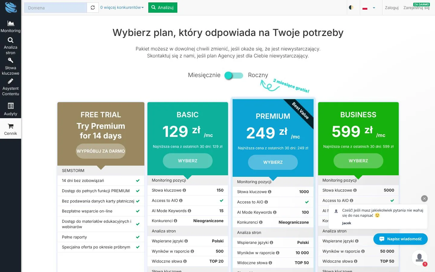 Cennik Semstorm (semstorm.com), zrzut ekranu z 23 października 2026 r.