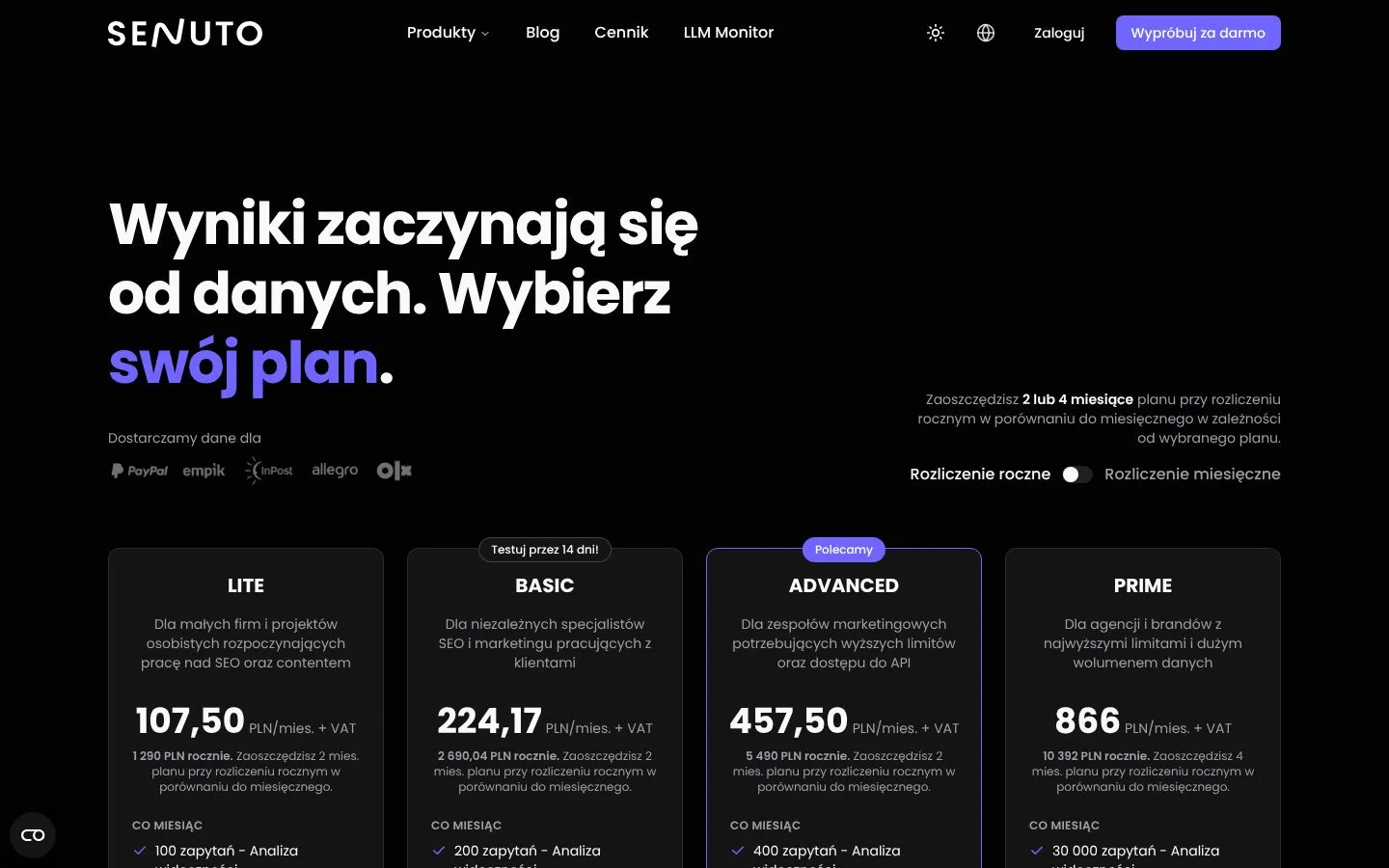 Cennik Senuto (senuto.com), zrzut ekranu z 23 października 2026 r.